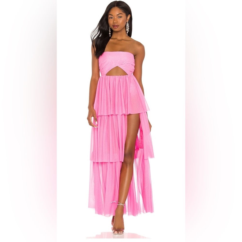 For Love and Lemons Pink strapless tiered ruffle gown
